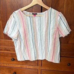 VINCE CAMUTO Women's Beach Stripe Scoop-Neck Frayed Short Sleeve Top